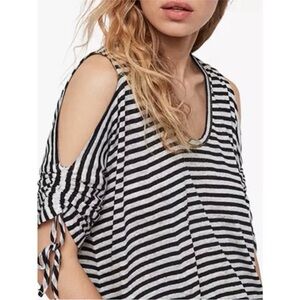 NWT All Saints Harper Stripe Cold Shoulder Tee Chalk/Ink Blue - XS
